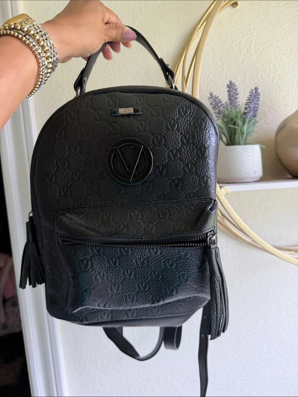 Valentino Black Embossed V-Logo Mini Backpack